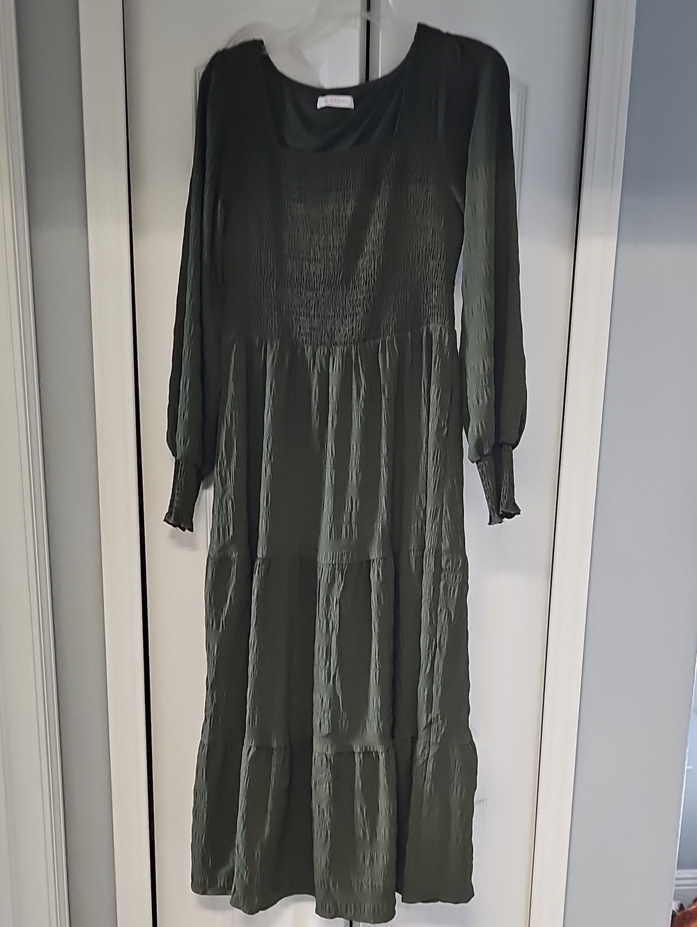 Long Sleeve Olive Green Tiered Midi Dress